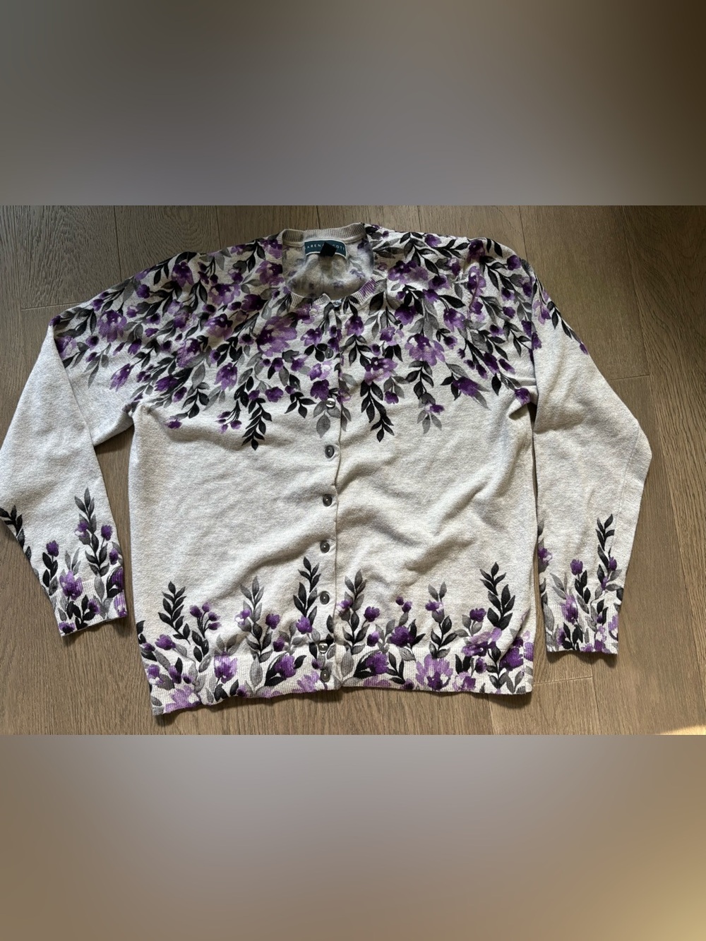 Karen Scott Grey Cardigan with Purple and Black Floral Pattern